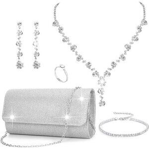 Rhinestone Jewelry Set for Women Sparkly Silver Clutch Purse Wedding Bridal